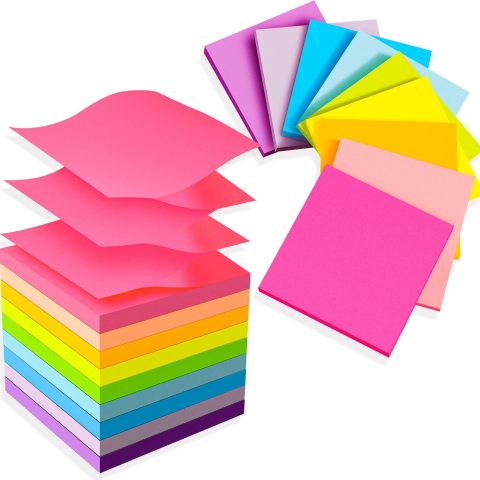 Multi-colored pop-up sticky notes with strong, residue-free adhesive