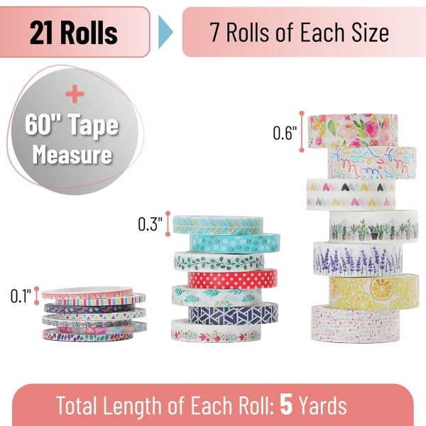 21-Roll Floral Washi Tape Set (Assorted Sizes) for Journal Decoration