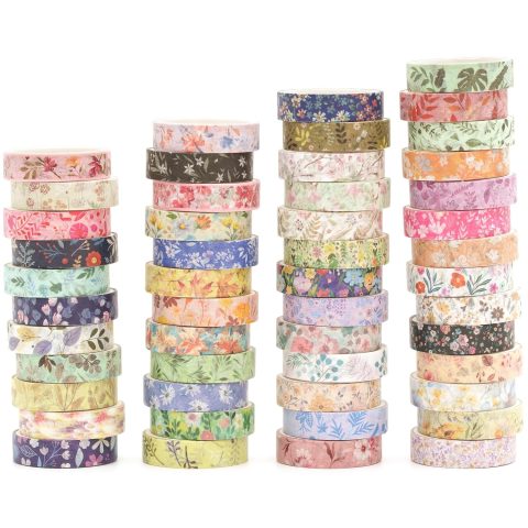 50-Roll Botanical & Floral Print Washi Tape for DIY Crafts